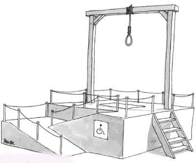 Humour noir d'un site d'execution par pendaison avec rampe d'acces