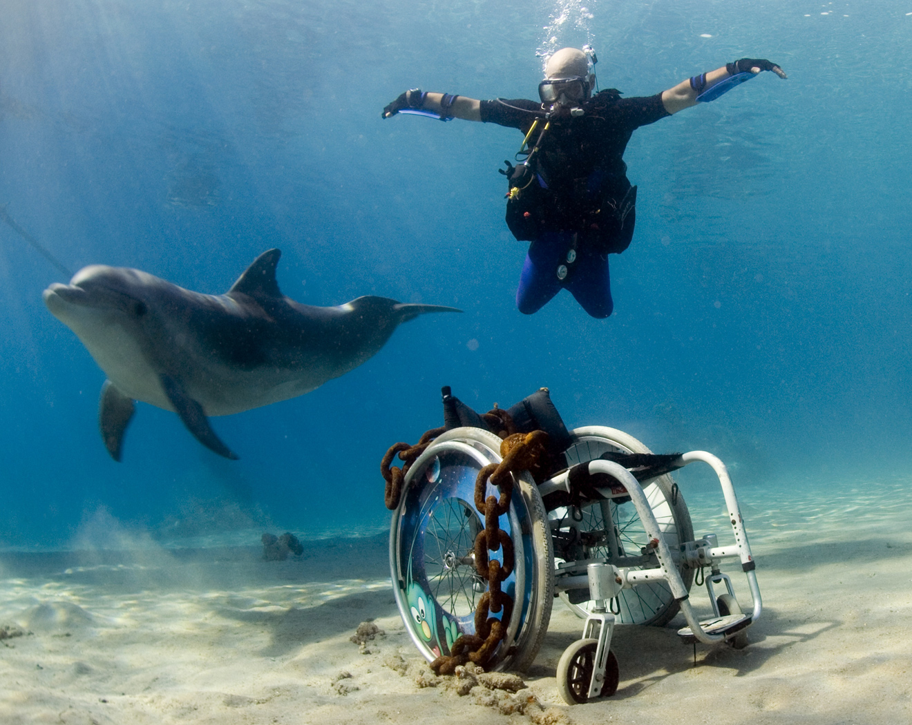Un plongeur handicap nageant sous la mer avec un dauphin  ses ct vers un fauteuil roulant scell au fond de l'eau