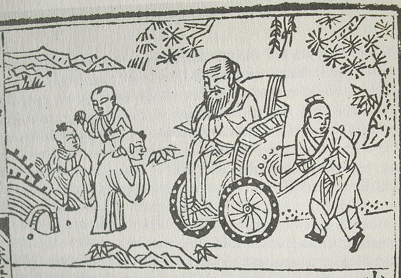 Dessin de Confucius en fauteuil roulant vers 1680
