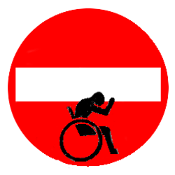 Panneau d'un handicapÃ© en fauteuil portant l'interdiction sur ses Ã©paules