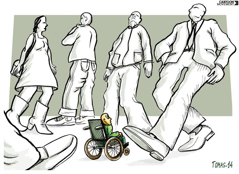 Une personne en fauteuil qui se voit petit et faible par rapport aux autres qui marchent... La vraie barriÃ¨re c'est dans la tÃªte